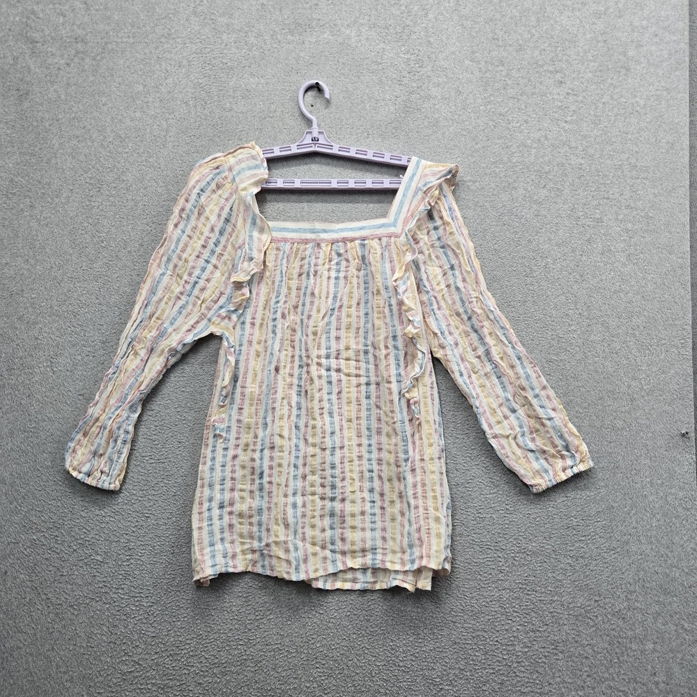 Chaps Women Blouse L/G Tunic Cotton Linen‎ Striped Ruffle Square Neck Boho
